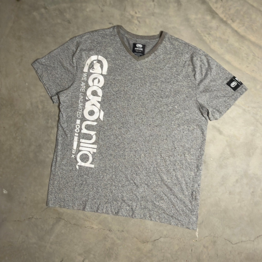 Y2K Ecko Unltd Graphic Tee Mens XL Grey Streetwear Skater Skateboard V-Neck